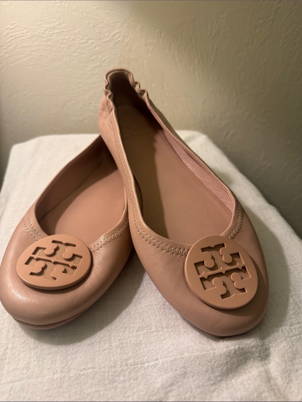Tory Burch Blush Tan Leather Logo Ballet Flats
